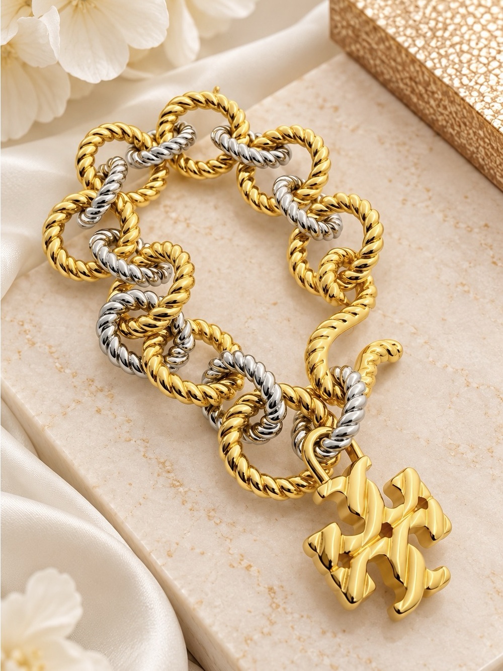 Tory Burch Textured Rope Mixed Chain Bracelet.